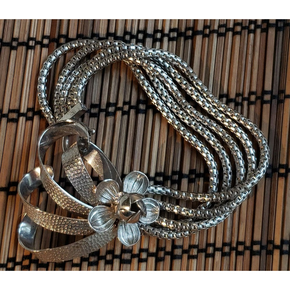 Vtg Unsigned Silver Tone Abstract Floral Metal Bracelet w/5 Interlocking Chains